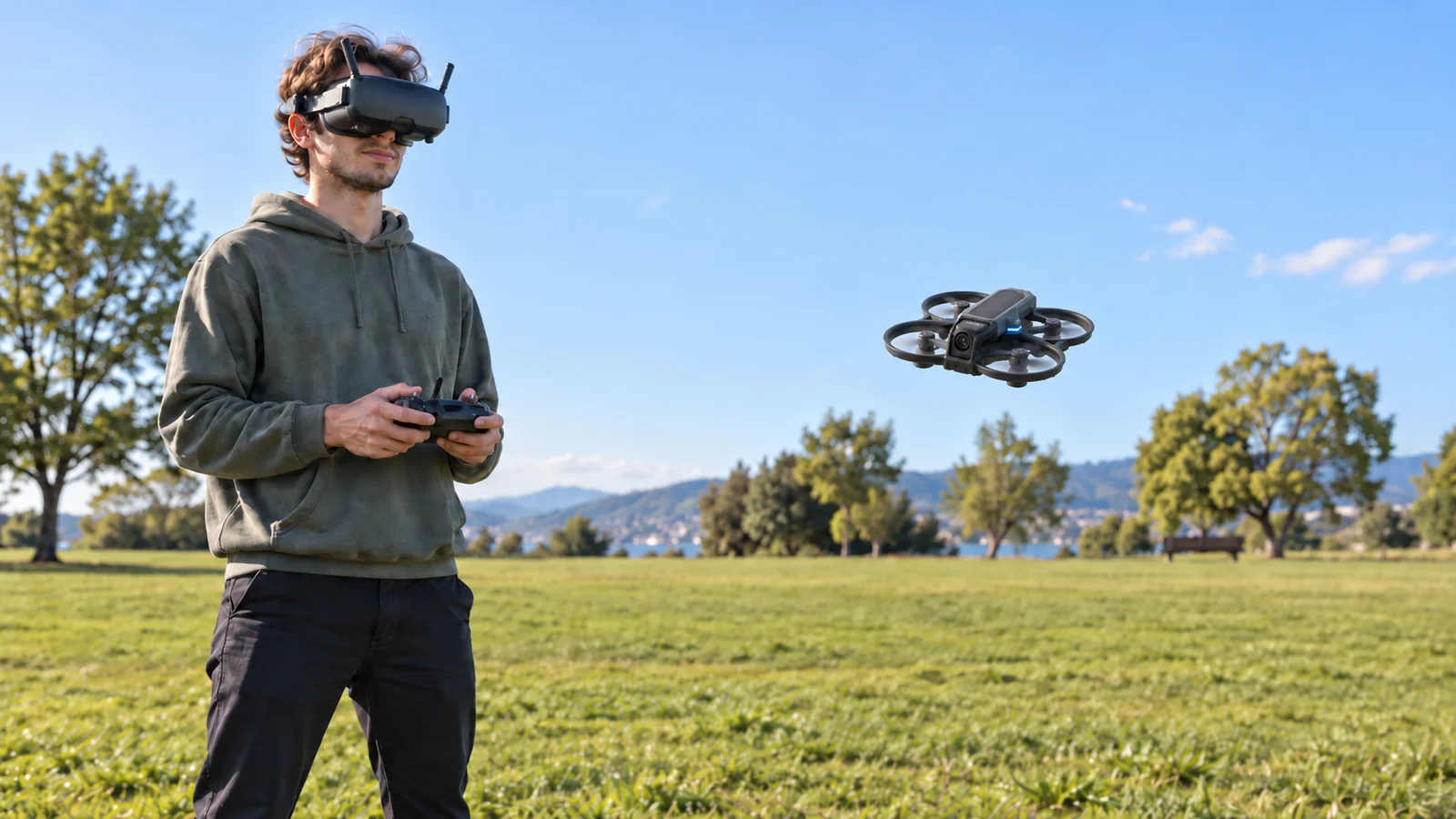 Beginner FPV pilot flying a ducted FPV drone in an open field