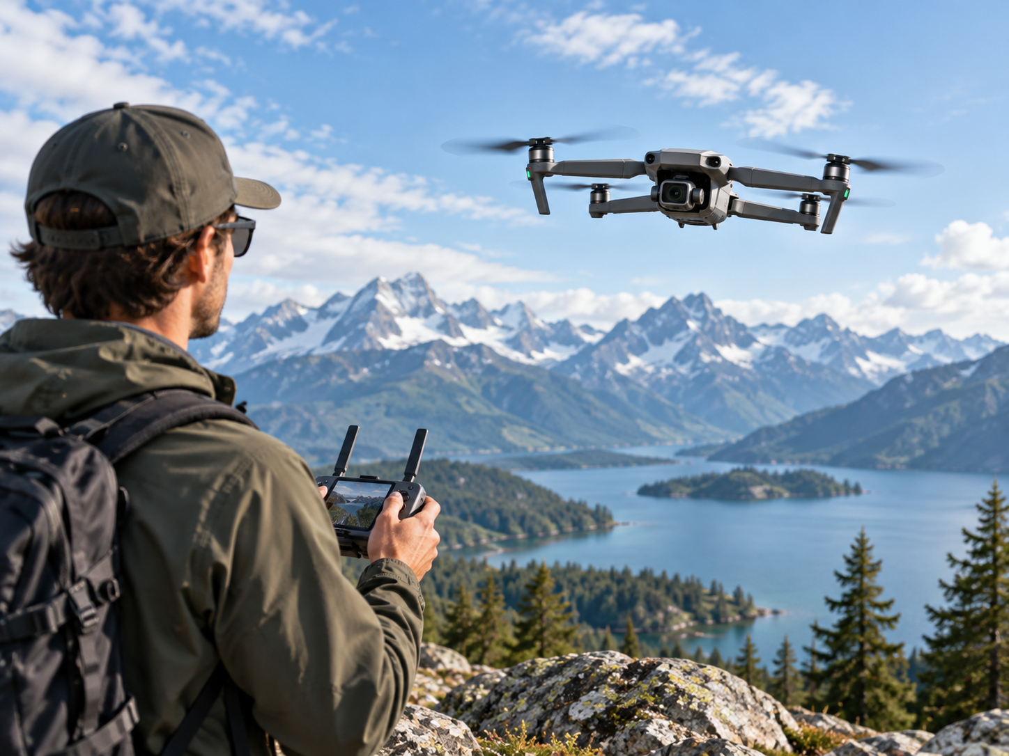 Camera Drone Category Camera drone flying above a mountain lake with a pilot nearby