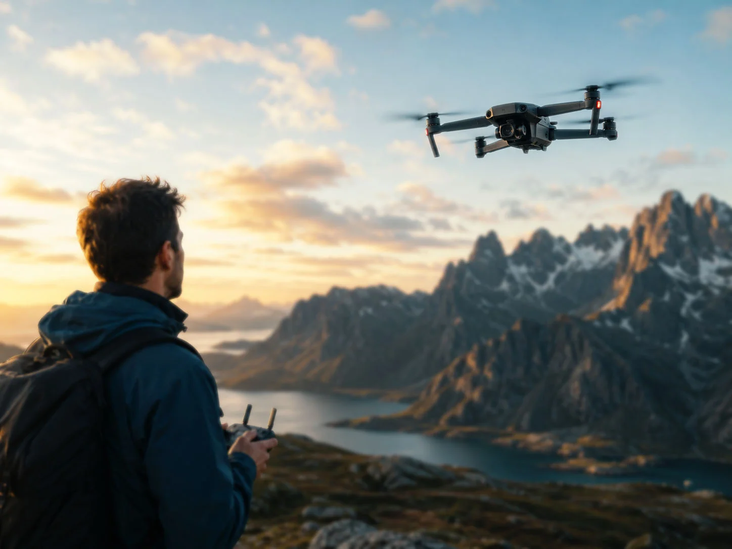Camera drone flying above a mountain landscape near a pilot