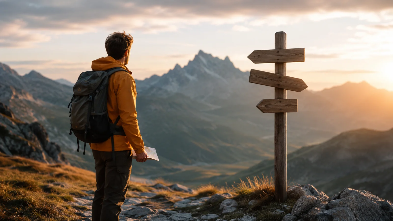 Person standing beside a trail signpost in the mountains at sunset