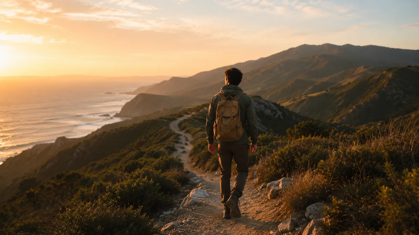 Person walking along a coastal mountain trail at sunset