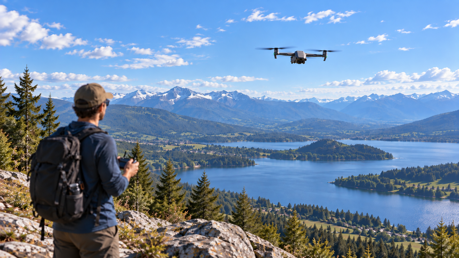 Pilot viewing a drone flying over a mountain lake landscape