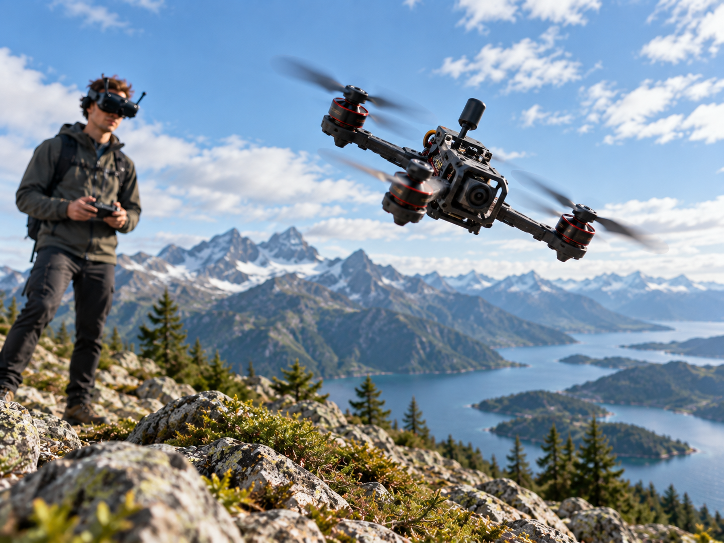 FPV Drone Category FPV drone flying near a pilot in a mountain landscape