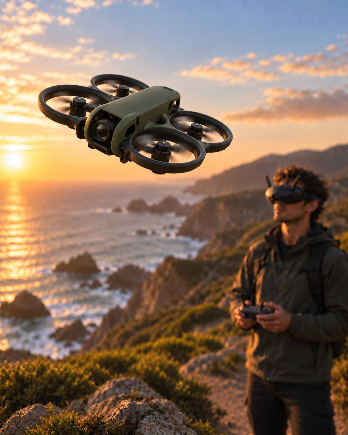 FPV drone flying near a pilot wearing FPV goggles on a coastal cliff