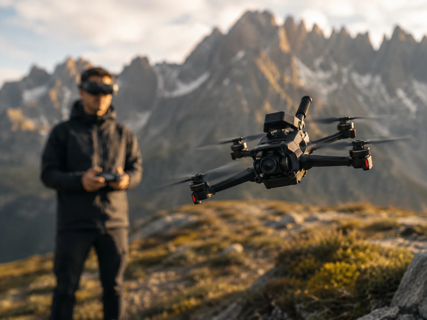 FPV drone flying near a pilot in a mountain landscape