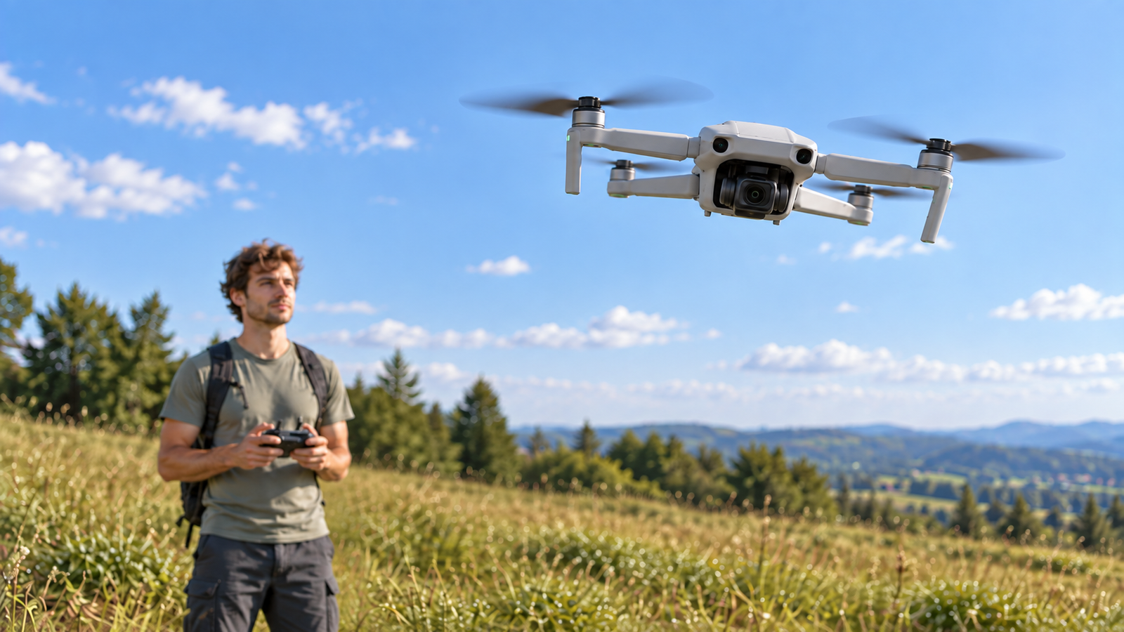 Drone flying near a beginner pilot holding a controller in an open grassy field