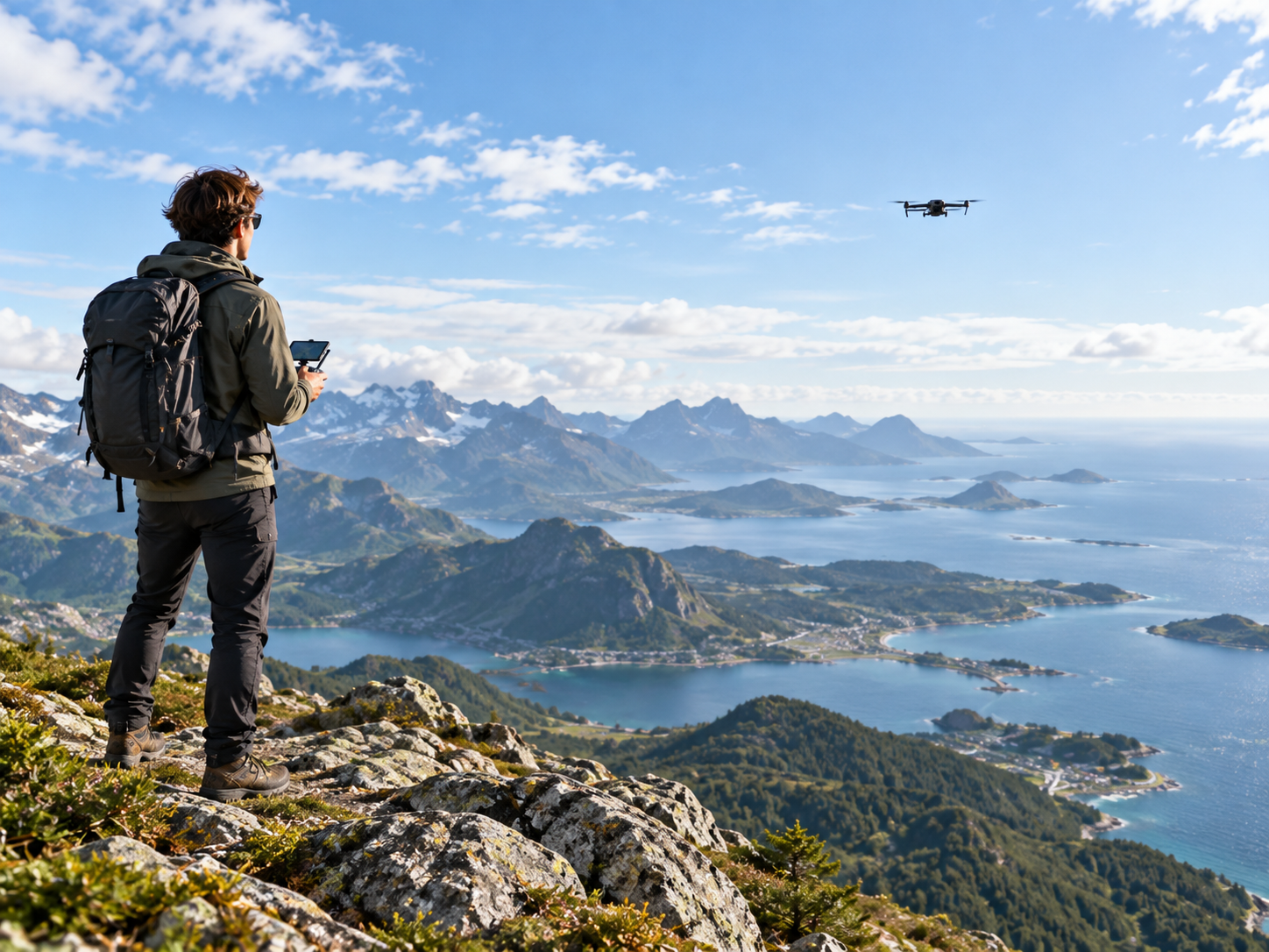 Long Range Drone Category Drone flying at a distance over a wide mountain and coastal landscape