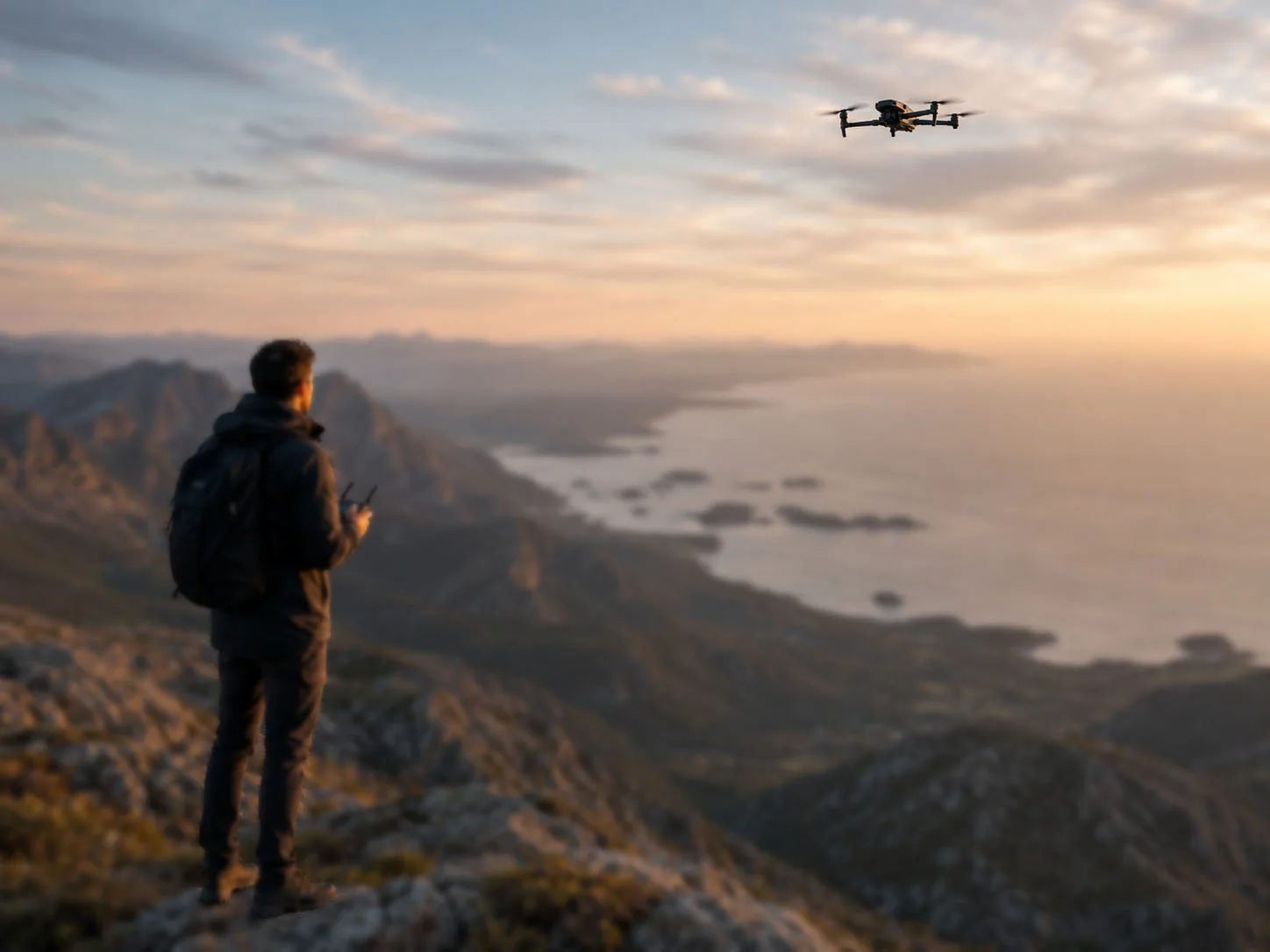 Long-range drone flying over a coastal mountain landscape near a pilot