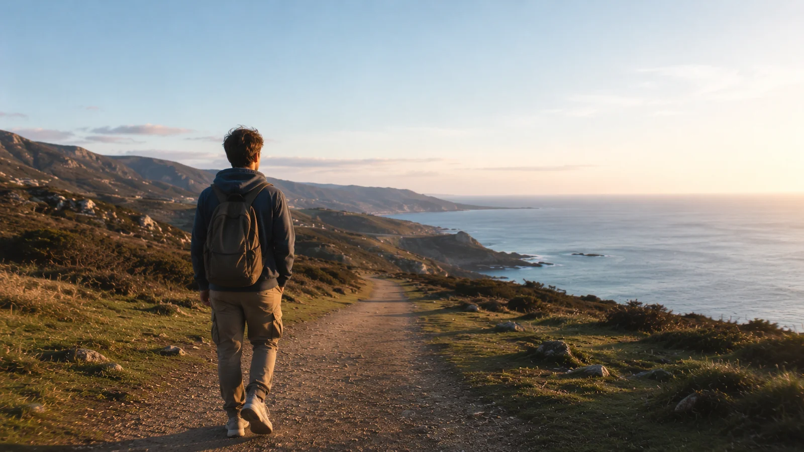Person walking along a coastal trail at sunset