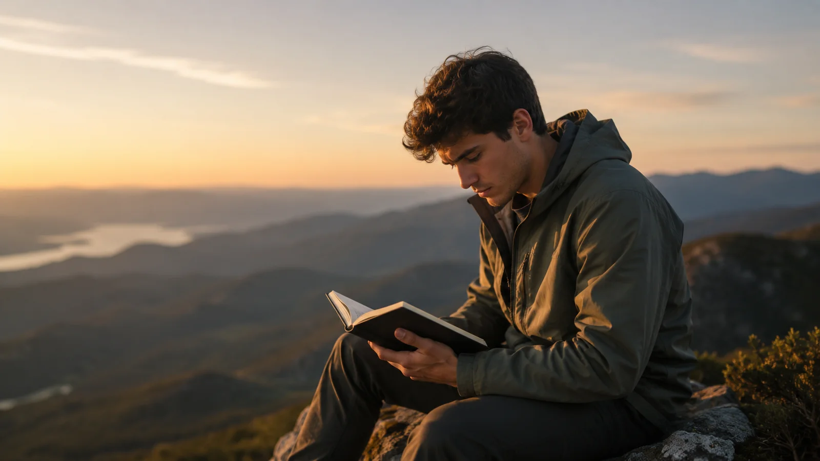 Person reading a book on a mountain at sunset