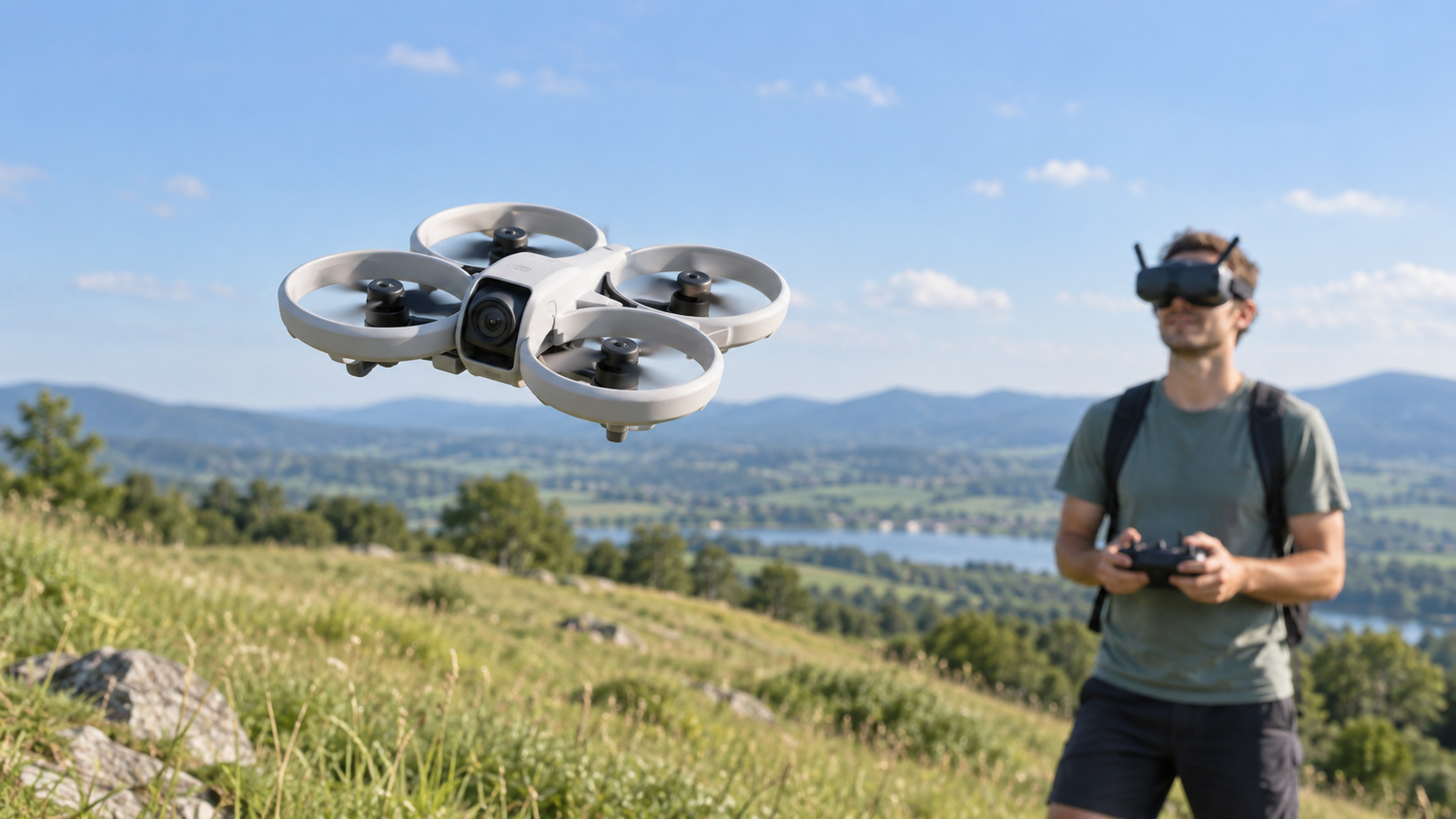 What Is an FPV Drone FPV drone flying near a pilot wearing FPV goggles in an open field